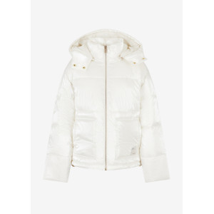 Imagen chaqueta mujer ARMANI EXCHANGE color blanco natural, capucha desmontable y brillo.