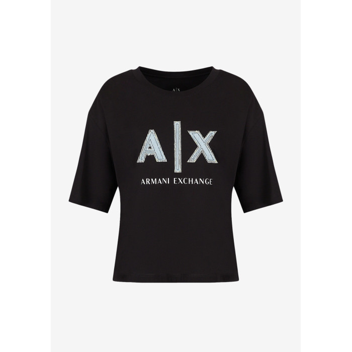 camiseta ARMANI EXCHANGE negra manga corta y cuello redondo ax bordado al pecho.